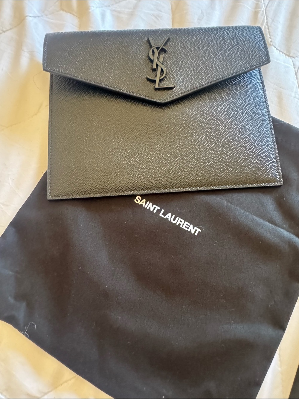 Saint Laurent Black Textured Leather Envelope Clutch with Matte YSL Logo